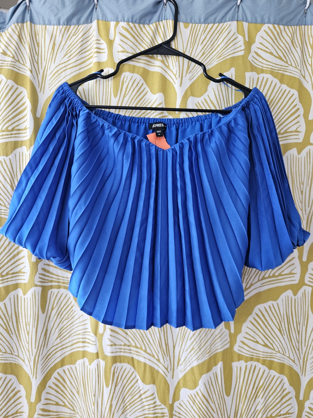 Royal Blue Pleated Off-Shoulder Blouse